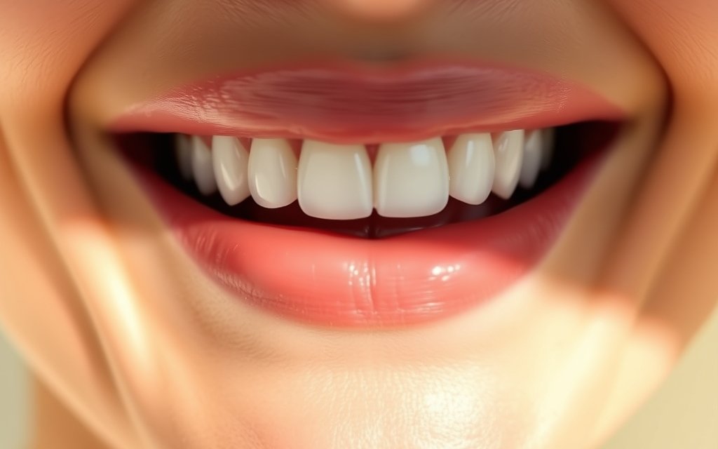 The same patient's smile after porcelain veneers, with straight bright white teeth
